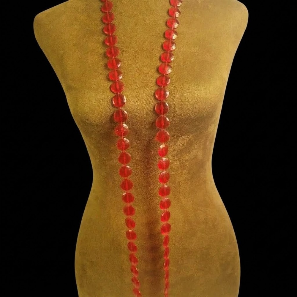 Vintage Cherry Red Lucite Faceted Bead Flapper Necklace 52 Inch Long Size 52